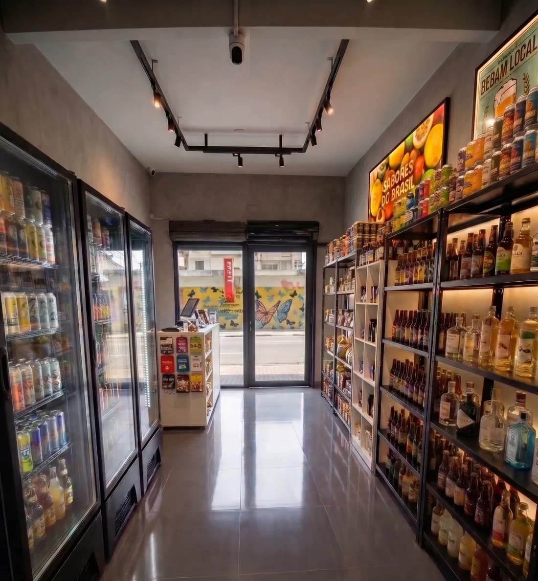 Entrada da loja com geladeiras de cerveja e gôndolas de conveniência