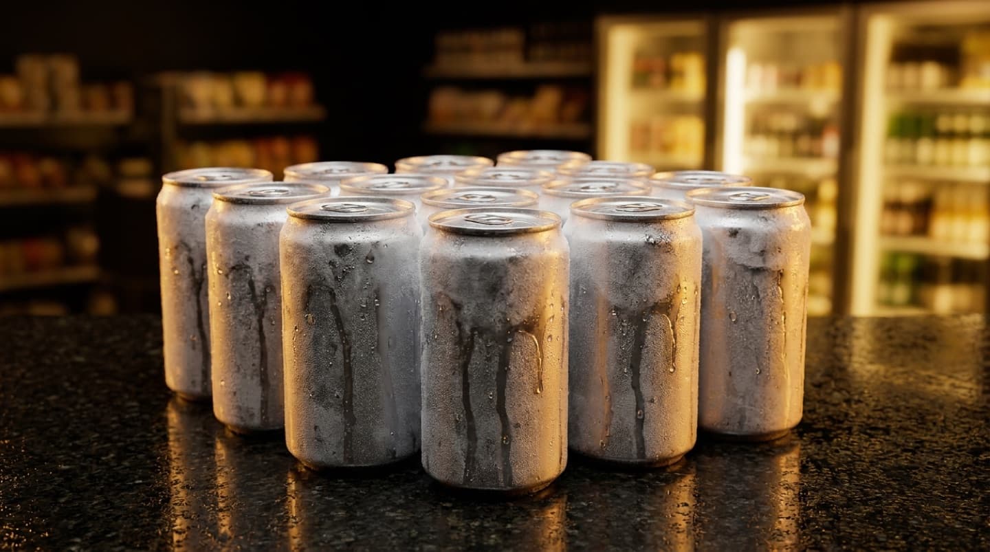 Latas de cerveja de 269 ml geladas, cobertas de condensação, na frente do refrigerador da loja