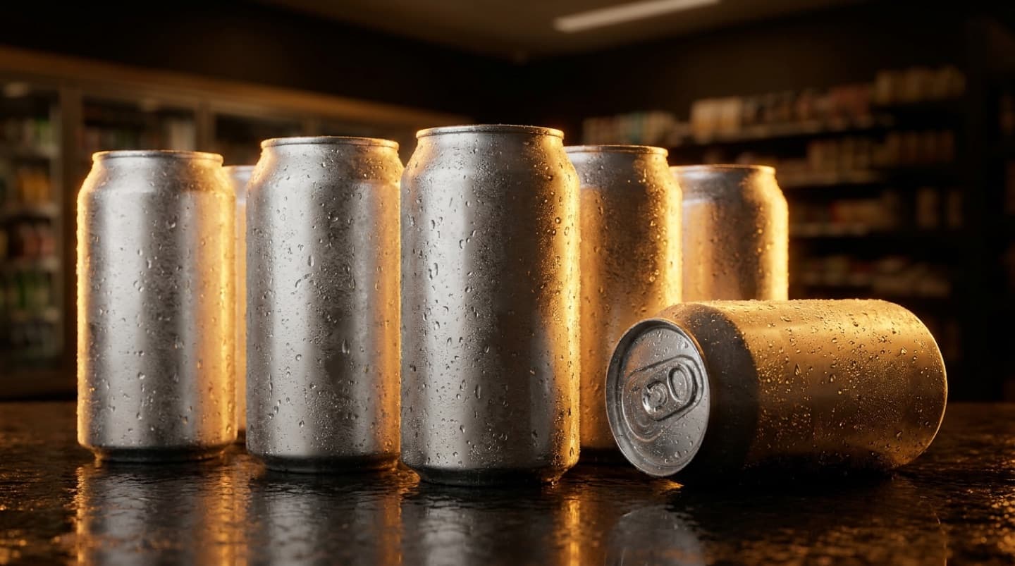 Latas de cerveja de 350 ml geladas, com gotas de condensação
