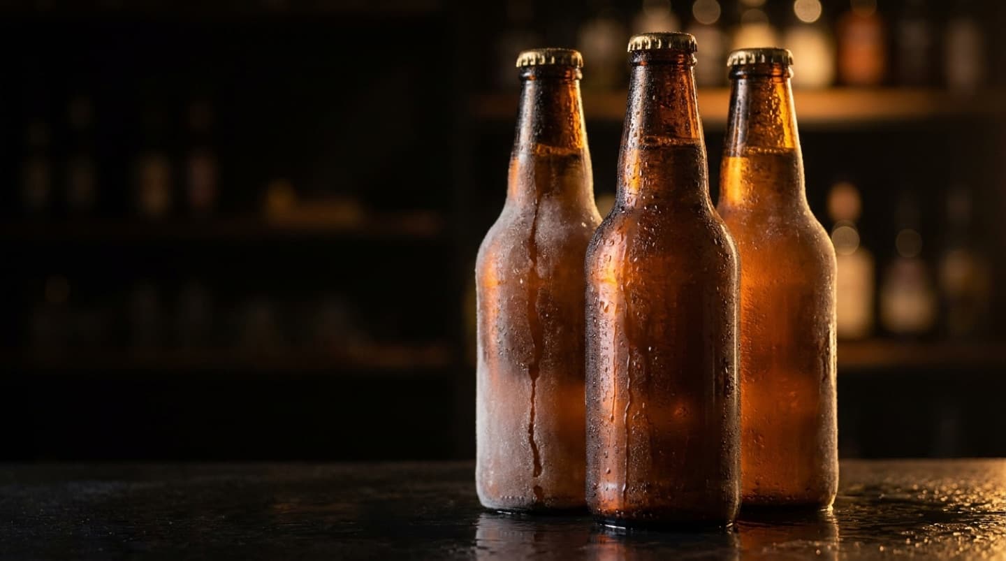 Garrafas long neck de cerveja em vidro âmbar, geladas e com condensação