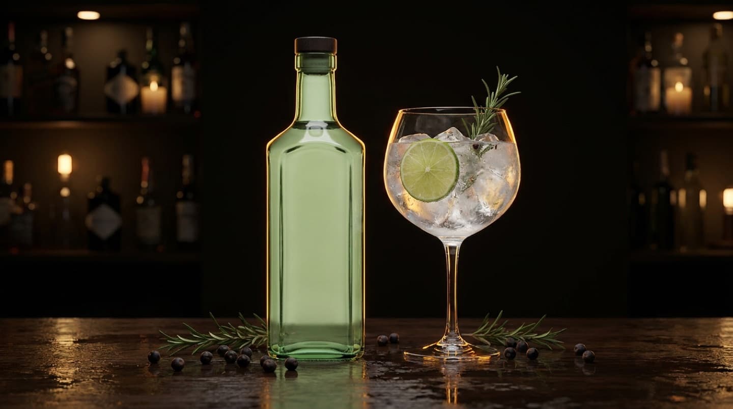Garrafa de gin ao lado de uma taça de gin com tônica, limão e zimbro