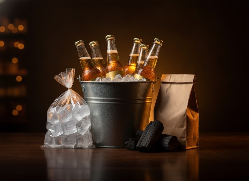 Kit churrasco: balde de cervejas geladas, saco de gelo e carvão