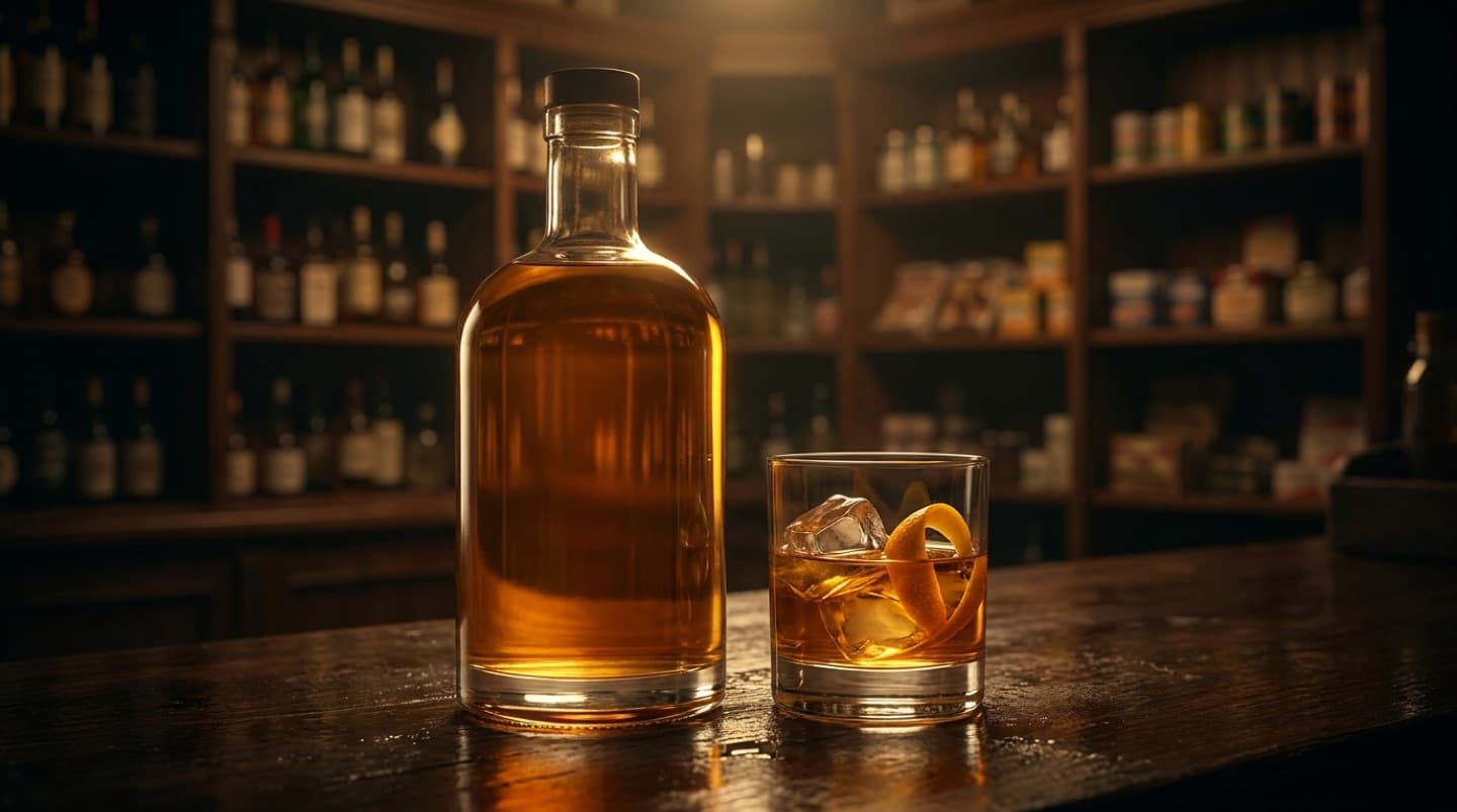 Garrafa de licor dourado ao lado de um copo com gelo e casca de laranja