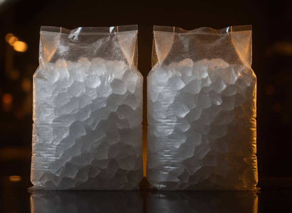Dois sacos de gelo em cubos, 10 kg no total