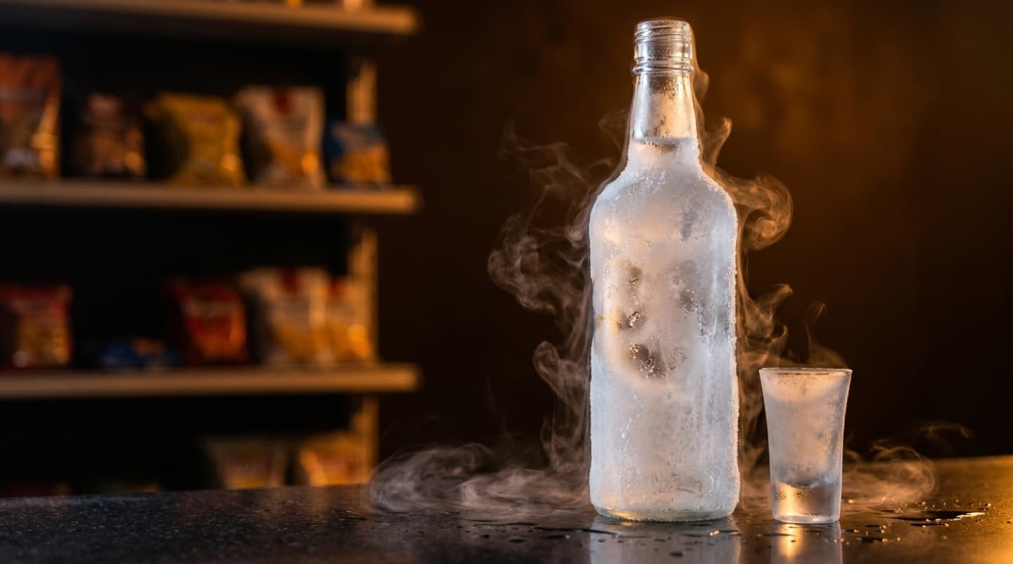 Garrafa de vodka congelada, coberta de gelo, ao lado de um copo de dose