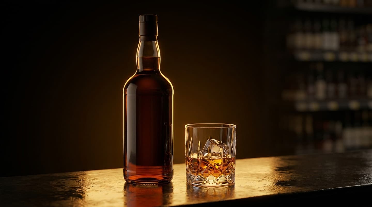Garrafa de whisky em vidro âmbar ao lado de um copo com gelo